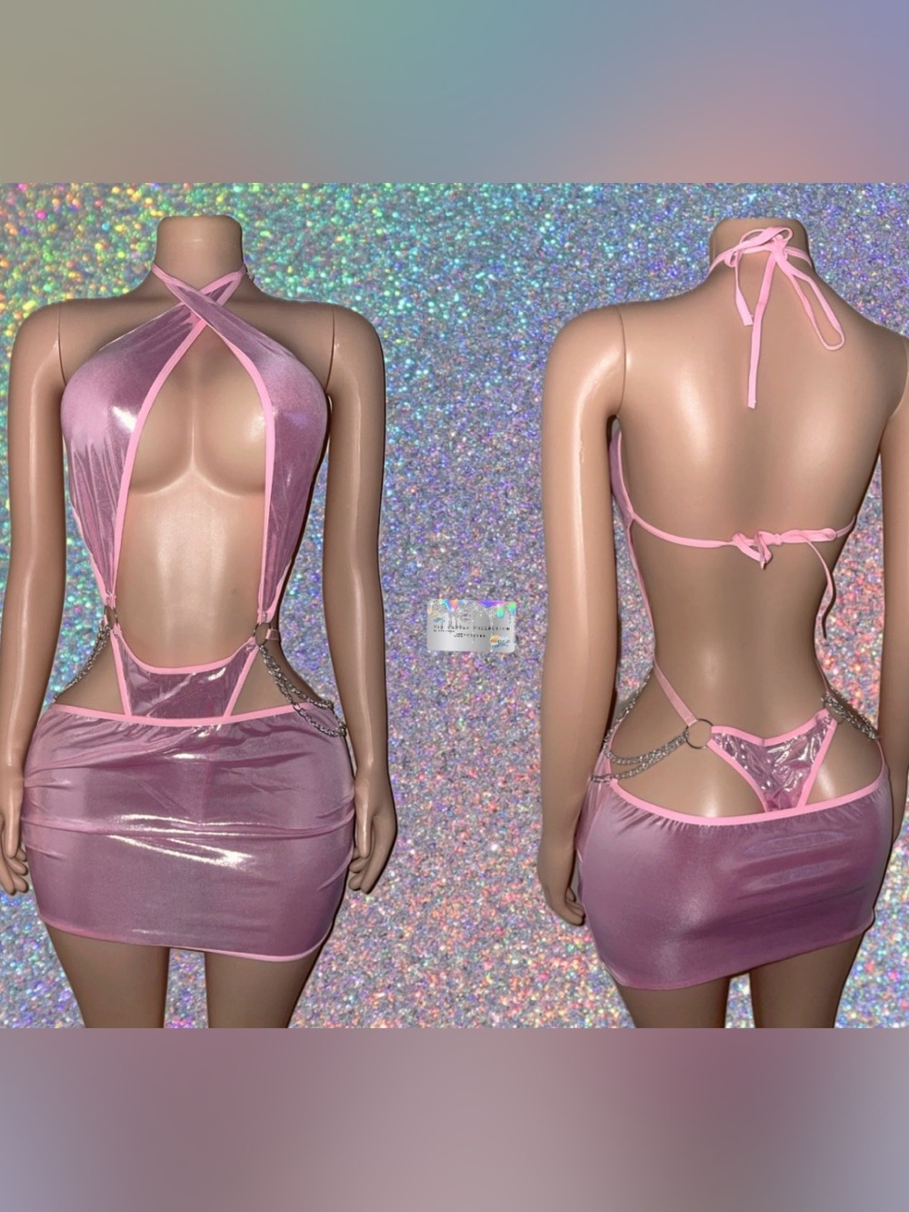 Club Outfit: Backless Pink Metallic Bodysuit & skirt with Chain Accents